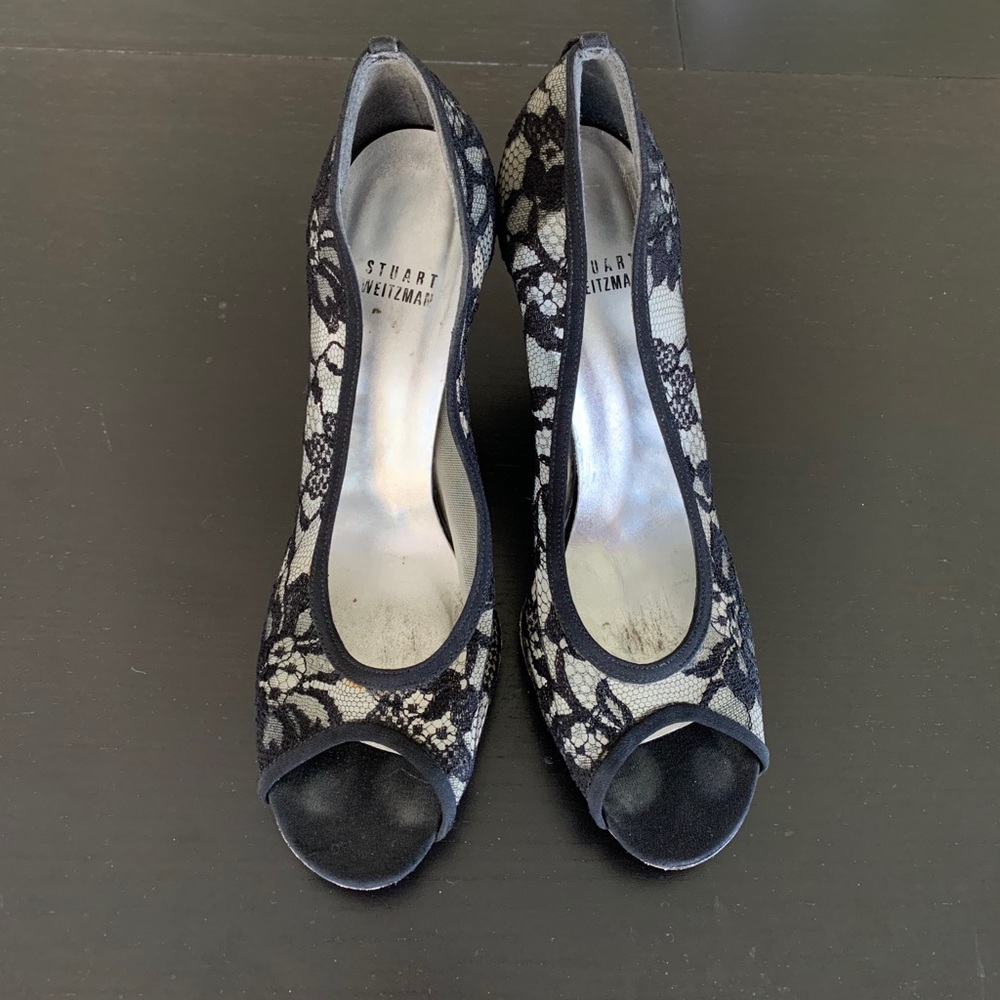 Stuart Weitzman Black Lace ,Open-Toed Heels